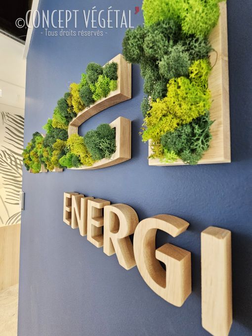 logo en bois avec remplissage en mousse scandinave vert clair et vert foncé stabilisées pour vinci énergie sur un mur bleu gris unis
